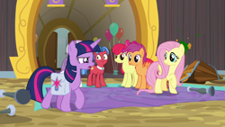 Size: 1920x1080 | Tagged: safe, screencap, apple bloom, biscuit, fluttershy, scootaloo, sweetie belle, twilight sparkle, alicorn, pony, g4, growing up is hard to do, bag, cutie mark crusaders, older, saddle bag, twilight sparkle (alicorn)