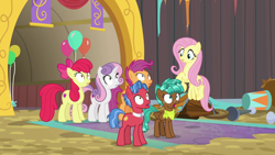 Size: 1920x1080 | Tagged: safe, screencap, apple bloom, biscuit, fluttershy, scootaloo, spur, sweetie belle, g4, growing up is hard to do, balloon, cutie mark, cutie mark crusaders, looking at something, looking up, older, older apple bloom, older scootaloo, older sweetie belle, shocked expression, shrunken pupils, stadium, the cmc's cutie marks