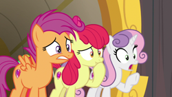 Size: 1920x1080 | Tagged: safe, screencap, apple bloom, scootaloo, sweetie belle, g4, growing up is hard to do, cutie mark, cutie mark crusaders, gasp, gasping, older, open mouth, scrunchy face, shocked, the cmc's cutie marks