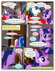 Size: 612x792 | Tagged: safe, artist:newbiespud, edit, edited screencap, screencap, queen chrysalis, shining armor, twilight sparkle, alicorn, pony, unicorn, comic:friendship is dragons, a canterlot wedding, g4, clothes, comic, dialogue, eyelashes, female, frown, indoors, male, mare, screencap comic, stallion, unicorn twilight, worried