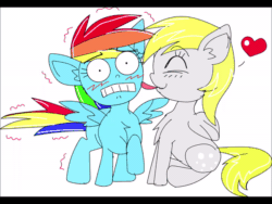 Size: 600x450 | Tagged: safe, derpy hooves, rainbow dash, pegasus, pony, g4, animated, blushing, digital art, face licking, female, gif, heart, licking, tongue out