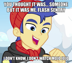 Size: 1036x900 | Tagged: safe, edit, edited screencap, screencap, flash sentry, equestria girls, equestria girls specials, g4, my little pony equestria girls: better together, my little pony equestria girls: holidays unwrapped, caption, dio brando, image macro, jojo reference, jojo's bizarre adventure, kono dio da, meme, meme recreation, mojo jojo, text