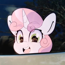 Size: 794x794 | Tagged: safe, artist:partypievt, sweetie belle, pony, unicorn, g4, anime eyes, anime style, bumper sticker, car, chibi, cute, diasweetes, eye clipping through hair, eyebrows, eyebrows visible through hair, female, filly, irl, looking at you, peeker, peeking, photo, solo, sticker, wingding eyes