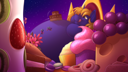 Size: 3840x2160 | Tagged: safe, artist:sugaryviolet, oc, oc:aether lux, oc:ribbon step, pony, belly, bhm, big belly, cake, cheese, clothes, cookie, cosmic wizard, cupcake, eating, fat, food, giant pony, gluttony, god pone, godpone, grapes, high res, huge belly, licking, licking lips, macro, male, morbidly obese, obese, pie, pony bigger than a galaxy, pony bigger than a planet, pony bigger than a solar system, pony bigger than a star, pony bigger than a universe, pony heavier than a black hole, servant, size difference, stallion, stars, throne, tiny, tiny ponies, tongue out, uniform, wizard
