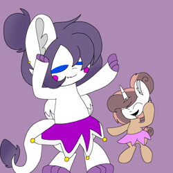 Size: 1378x1378 | Tagged: safe, artist:circuspaparazzi5678, oc, oc:amethyst, oc:candy swirls, dracony, dragon, hybrid, pony, unicorn, ballerina, claws, clothes, dancing, dragon wings, ear piercing, earring, fangs, five nights at freddy's: sister location, five nights at panda flare's: panda location, jewelry, piercing, tutu, wings