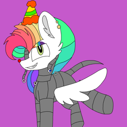 Size: 1378x1378 | Tagged: safe, artist:circuspaparazzi5678, oc, oc only, oc:rainbow blitz, pegasus, pony, clown nose, ear piercing, earring, evil smile, eyeball, five nights at freddy's: sister location, five nights at panda flare's: panda location, grin, hat, jewelry, multicolored hair, party hat, piercing, rainbow hair, rainbow makeup, red nose, sharp teeth, smiling, solo, teeth, wires