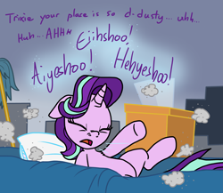 Size: 5849x5080 | Tagged: safe, artist:anyponedrawn, starlight glimmer, pony, unicorn, g4, absurd resolution, bed, bedroom, box, cute, dust, dust cloud, junk, lying down, mop, nostril flare, nostrils, sneezing