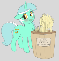 Size: 942x978 | Tagged: safe, artist:heretichesh, lyra heartstrings, pony, unicorn, g4, barrel, blushing, crime, cute, eating, female, food, fuck the police, herbivore, horses doing horse things, l.u.l.s., lyrabetes, mare, oats, pure unfiltered evil, sign, solo, stealing, text, that pony sure does love oats, villainous
