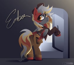 Size: 1222x1080 | Tagged: safe, artist:willoillo, oc, oc only, oc:ember (ignis), pegasus, pony, clothes, hat, jacket, pants, pegasus oc, pony oc, refrigerator, solo, wings