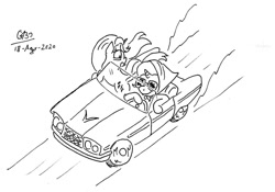 Size: 1024x716 | Tagged: safe, artist:gafelpoez, starlight glimmer, trixie, pony, unicorn, g4, car, convertible, driving, ford thunderbird, monochrome, simple background, sunglasses, thelma and louise, white background