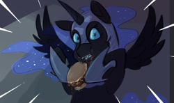 Size: 1053x622 | Tagged: safe, artist:testostepone, nightmare moon, alicorn, pony, g4, burger, caught, colored sketch, eating, female, food, mare, simple background, solo