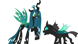 Size: 1280x720 | Tagged: safe, edit, edited screencap, screencap, queen chrysalis, thorax, changeling, changeling queen, g4, to where and back again, angry, background removed, crown, crystal wings, female, floppy ears, jewelry, looking at each other, male, not a vector, regalia, simple background, transparent background, wings, worried
