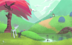 Size: 1366x850 | Tagged: safe, alternate version, artist:junkiejl, pom (tfh), dog, lamb, sheep, them's fightin' herds, bridge, cloud, community related, duo, female, mountain, outdoors, river, scenery, signature, tree, water, windmill