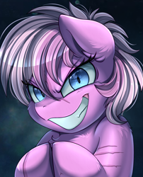 Size: 1424x1764 | Tagged: safe, artist:pridark, oc, oc only, oc:deathwish, earth pony, pony, blue eyes, bust, chest fluff, commission, creepy, evil smile, grin, looking at you, portrait, smiling, solo