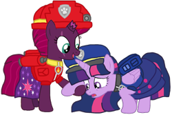 Size: 1440x964 | Tagged: safe, artist:徐詩珮, fizzlepop berrytwist, tempest shadow, twilight sparkle, alicorn, pony, unicorn, series:sprglitemplight diary, series:sprglitemplight life jacket days, series:springshadowdrops diary, series:springshadowdrops life jacket days, g4, alternate universe, base used, broken horn, chase (paw patrol), cute, female, horn, lesbian, marshall (paw patrol), paw patrol, ship:tempestlight, shipping, simple background, tempestbetes, transparent background, twiabetes, twilight sparkle (alicorn)