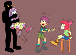 Size: 2396x1748 | Tagged: safe, artist:bugssonicx, apple bloom, scootaloo, sweetie belle, human, equestria girls, g4, apple bloom's bow, arm behind back, bloomsub, bondage, boots, bound and gagged, bound wrists, bow, caught, cloth gag, clothes, cutie mark crusaders, female, gag, hair bow, jacket, jeans, looking at each other, pants, scared, shirt, shoes, shorts, skirt, teary eyes, tied to chair, tied up