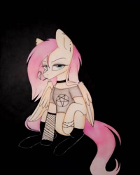 Size: 1080x1350 | Tagged: safe, artist:_quantumness_, fluttershy, pegasus, pony, g4, black background, choker, cigarette, clothes, ear piercing, earring, female, fishnet stockings, goth, jewelry, makeup, mare, pentagram, piercing, simple background, sitting, smoking, socks, solo, traditional art
