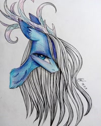 Size: 1080x1351 | Tagged: safe, artist:_quantumness_, oc, oc only, deer, deer pony, original species, pony, antlers, bust, chest fluff, makeup, signature, solo, traditional art
