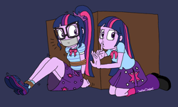 Size: 2642x1591 | Tagged: safe, artist:bugssonicx, sci-twi, twilight sparkle, human, equestria girls, g4, arm behind back, bondage, bound and gagged, box, clothes, female, gag, glasses, rescue, rope, rope bondage, self paradox, shhh, simple background, skirt, tape, tape gag, twolight
