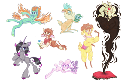 Size: 2048x1376 | Tagged: safe, artist:ash of the leander, arizona (tfh), fhtng th§ ¿nsp§kbl, oleander (tfh), paprika (tfh), pom (tfh), tianhuo (tfh), velvet (tfh), alpaca, classical unicorn, cow, deer, demon, dog, dragon, hybrid, lamb, longma, pony, reindeer, sheep, unicorn, winter sprite, them's fightin' herds, bell, book, clothes, cloven hooves, collar, community related, cowboy hat, crying, female, fightin' six, floating heart, floppy ears, flower, hat, heart, horn, horns, injured, leonine tail, lidded eyes, male, microphone, open mouth, sad, scarf, sheep dog, simple background, sketch, sketch dump, smiling, tongue out, unicornomicon, unshorn fetlocks, white background