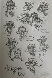 Size: 1585x2347 | Tagged: safe, artist:ash of the leander, arizona (tfh), velvet (tfh), cow, deer, fly, insect, reindeer, them's fightin' herds, angry, bandage, bandana, boots, bow, chest fluff, clothes, community related, cowboy boots, cowboy hat, dancing, eyes closed, female, grayscale, hat, horns, injured, monochrome, open mouth, raised hoof, rope, shoes, sketch, sketch dump, smiling, straw in mouth, sweat, sweatdrop, tail bow, traditional art, wig