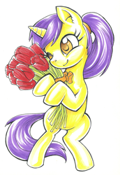 Size: 1510x2195 | Tagged: safe, artist:ailish, oc, oc:tulipan, pony, unicorn, bouquet, female, flower, mare, one eye closed, tulip