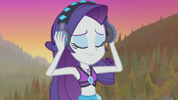 Size: 1920x1080 | Tagged: safe, screencap, rarity, equestria girls, g4, lost and found, my little pony equestria girls: better together, belly button, bikini, bikini top, clothes, female, geode of shielding, headphones, jewelry, magical geodes, necklace, rarity's blue sarong, rarity's purple bikini, sarong, sleeveless, solo, swimsuit