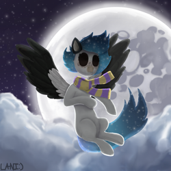 Size: 1500x1500 | Tagged: safe, artist:laninota8, oc, oc only, pony, clothes, flying, moon, night, outdoors, scarf, sky, solo