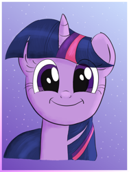 Size: 3456x4608 | Tagged: safe, artist:calinou, derpibooru exclusive, twilight sparkle, pony, g4, cute, eye clipping through hair, female, gradient background, krita, looking at you, smiling, smiling at you, solo, sparkles, twiabetes
