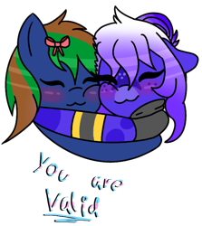 Size: 580x650 | Tagged: safe, artist:pasteldraws, oc, oc only, pony, bff, blind, blushing, bow, clothes, cute, duo, female, friends are family, happiness, hug, pride, simple background, sister, transgender, transparent background