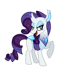 Size: 795x860 | Tagged: safe, artist:maskarie, rarity, changedling, changeling, g4, bedroom eyes, changedlingified, changelingified, female, looking at you, open mouth, raised hoof, rariling, simple background, smiling, solo, species swap, standing, transparent background, yellow sclera