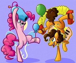 Size: 1023x852 | Tagged: safe, artist:maskarie, cheese sandwich, pinkie pie, earth pony, pony, g4, pinkie pride, accordion, balloon, bipedal, cutie mark background, duo, facial hair, female, goof off, gritted teeth, handstand, looking at each other, male, mare, moustache, musical instrument, open mouth, party cannon, purple background, raised hoof, simple background, smiling, stallion, standing, standing on one leg, upside down