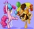Size: 1023x852 | Tagged: safe, artist:maskarie, cheese sandwich, pinkie pie, earth pony, pony, g4, pinkie pride, accordion, balloon, bipedal, cutie mark background, duo, facial hair, female, goof off, gritted teeth, handstand, looking at each other, male, mare, moustache, musical instrument, open mouth, party cannon, purple background, raised hoof, simple background, smiling, stallion, standing, standing on one leg, upside down