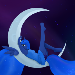 Size: 2000x2000 | Tagged: safe, artist:alicorn-without-horn, princess luna, alicorn, anthro, unguligrade anthro, g4, clothes, dress, ethereal mane, female, floating wings, high res, moon, night, raised arm, schrödinger's pantsu, solo, stars, tangible heavenly object, transparent moon, wings