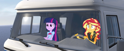 Size: 1920x802 | Tagged: safe, edit, edited screencap, screencap, sunset shimmer, twilight sparkle, equestria girls, g4, my little pony equestria girls: better together, camper, driver seat, driving, rv, the incredibles, vectors used