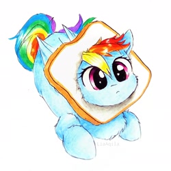 Size: 2322x2322 | Tagged: safe, artist:liaaqila, rainbow dash, pegasus, pony, g4, :<, behaving like a cat, bread, cat breading, chest fluff, cute, dashabetes, female, food, high res, liaaqila is trying to murder us, liaaqila is trying to murder us with dashabetes, lying down, mare, prone, silly, silly pony, simple background, solo, traditional art, weapons-grade cute, white background