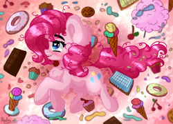 Size: 2500x1800 | Tagged: safe, artist:kindny-chan, pinkie pie, earth pony, pony, g4, chocolate, cupcake, donut, food, ice cream, muffin