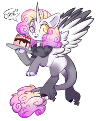 Size: 1109x1399 | Tagged: safe, artist:cloud-fly, oc, oc only, oc:dawn after-glow, hybrid, cake, food, interspecies offspring, multiple eyes, offspring, parent:discord, parent:princess celestia, parents:dislestia, portal (valve), simple background, solo, the cake is a lie, third eye, three eyes, tongue out, transparent background