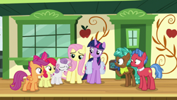 Size: 1920x1080 | Tagged: safe, screencap, apple bloom, biscuit, fluttershy, scootaloo, spur, sweetie belle, twilight sparkle, alicorn, pony, g4, growing up is hard to do, bag, cutie mark, cutie mark crusaders, saddle bag, the cmc's cutie marks, train station, twilight sparkle (alicorn)