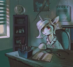 Size: 1844x1684 | Tagged: safe, artist:dearmary, oc, oc only, oc:m.l., pony, unicorn, book, clock, medical pony, nurse, scissors, solo, stethoscope