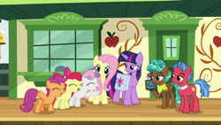 Size: 1920x1080 | Tagged: safe, screencap, apple bloom, biscuit, bloofy, fluttershy, scootaloo, spur, sweetie belle, twilight sparkle, alicorn, pony, g4, growing up is hard to do, bag, cutie mark, cutie mark crusaders, saddle bag, the cmc's cutie marks, train station, twilight sparkle (alicorn)