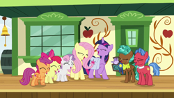 Size: 1920x1080 | Tagged: safe, screencap, apple bloom, biscuit, bloofy, fluttershy, scootaloo, spur, sweetie belle, twilight sparkle, alicorn, pony, g4, growing up is hard to do, bag, cutie mark, cutie mark crusaders, saddle bag, the cmc's cutie marks, train station, twilight sparkle (alicorn)