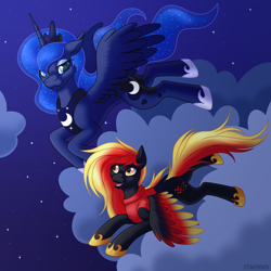 Size: 2500x2500 | Tagged: safe, artist:starshade, princess luna, oc, oc:fire drift, alicorn, pegasus, pony, g4, female, flying, high res, mare, night, sky, starry night, stars