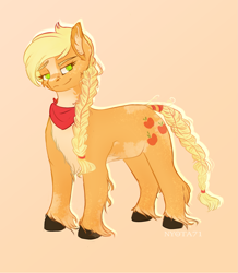 Size: 1553x1777 | Tagged: safe, artist:nyota71, applejack, earth pony, pony, alternate hairstyle, bandana, body markings, braid, braided tail, chest fluff, colored hooves, colored pupils, ear fluff, female, freckles, hoof fluff, mare, raised eyebrow, redesign, simple background, smiling, smirk, smug, solo, spots, unshorn fetlocks