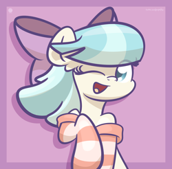Size: 2600x2560 | Tagged: dead source, safe, artist:php142, coco pommel, earth pony, pony, g4, bow, clothes, cocobetes, cute, female, hair bow, high res, mare, one eye closed, open mouth, smiling, socks, solo, striped socks, wink