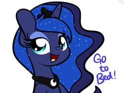 Size: 2048x1536 | Tagged: dead source, safe, artist:php142, princess luna, alicorn, pony, g4, female, go to bed, go to sleep, looking at you, mare, open mouth, simple background, smiling, solo, talking to viewer, text, white background