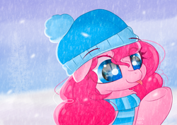 Size: 5787x4092 | Tagged: safe, artist:janelearts, pinkie pie, earth pony, pony, g4, :p, beanie, clothes, cute, diapinkes, hat, ponk, scarf, snow, snowfall, solo, stray strand, tongue out, tree, winter