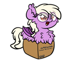 Size: 3250x2688 | Tagged: safe, artist:php142, part of a set, oc, oc only, oc:pinkfull night, bat pony, pony, bat pony oc, bat wings, box, fangs, female, fluffy, glasses, high res, pony in a box, simple background, slit pupils, solo, teenager, transparent background, wings