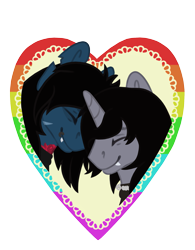 Size: 1577x2017 | Tagged: safe, artist:macyw, pony, undead, unicorn, zombie, zombie pony, bring me the horizon, bust, clothes, commission, disguise, disguised siren, eyes closed, fangs, gay, heart, horn, jewelry, kellin quinn, lip piercing, male, necklace, oliver sykes, piercing, ponified, rainbow, scar, shirt, simple background, sleeping with sirens, smiling, t-shirt, tattoo, torn ear, transparent background, ych result