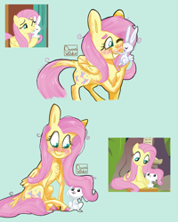 Size: 2202x2752 | Tagged: safe, artist:churoswdulc, screencap, angel bunny, fluttershy, pegasus, pony, g4, she talks to angel, colored, cute, female, happy, high res, mare, scene interpretation, screencap reference, simple background, smiling